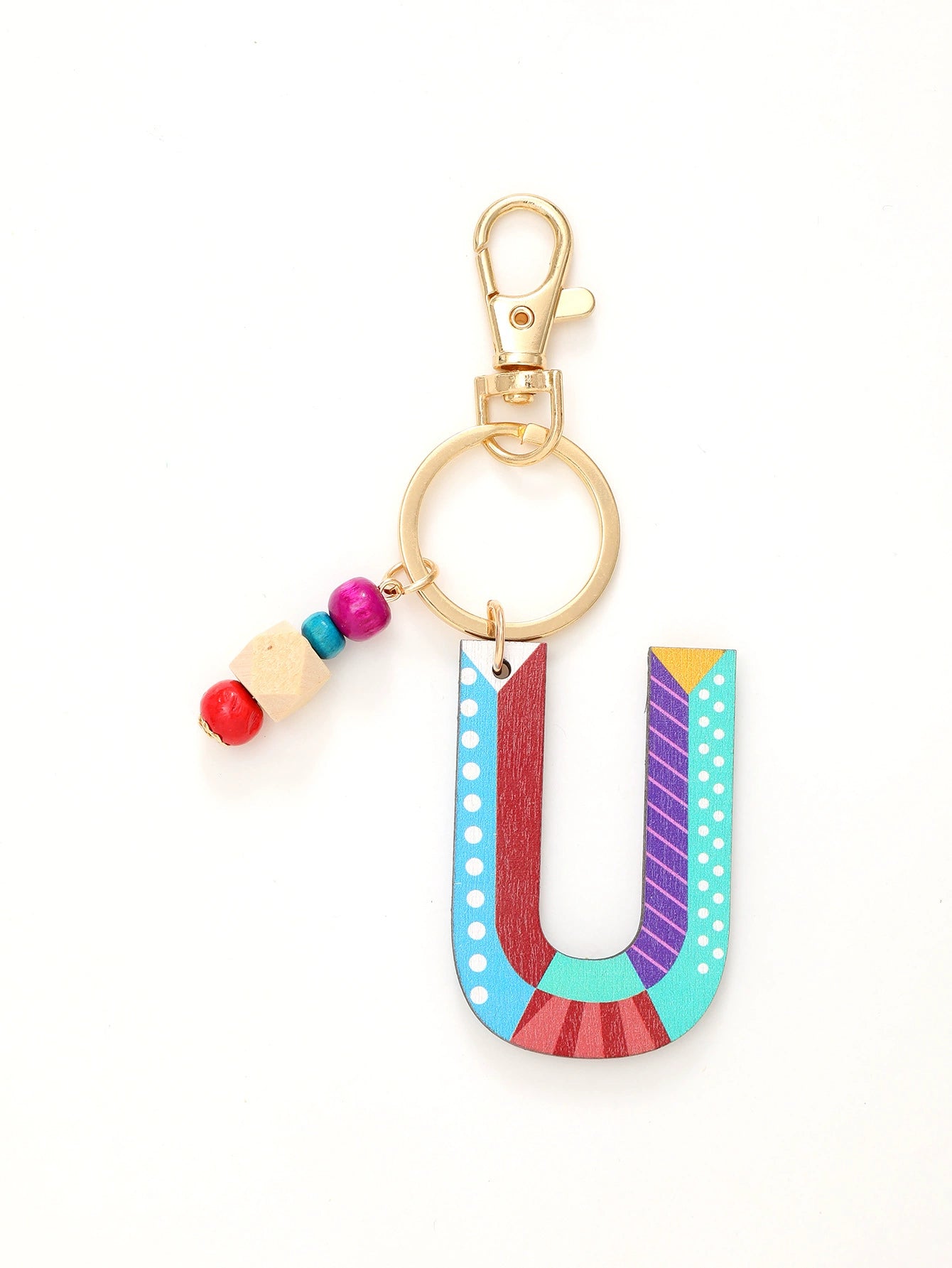 Colorful Wooden Letter Keychain with Beads