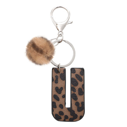 Leopard Print Vegan Leather Letter Keychain with Faux Fur Pom