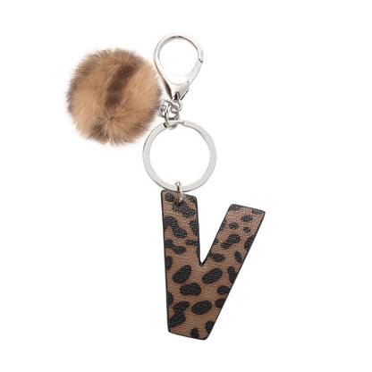 Leopard Print Vegan Leather Letter Keychain with Faux Fur Pom