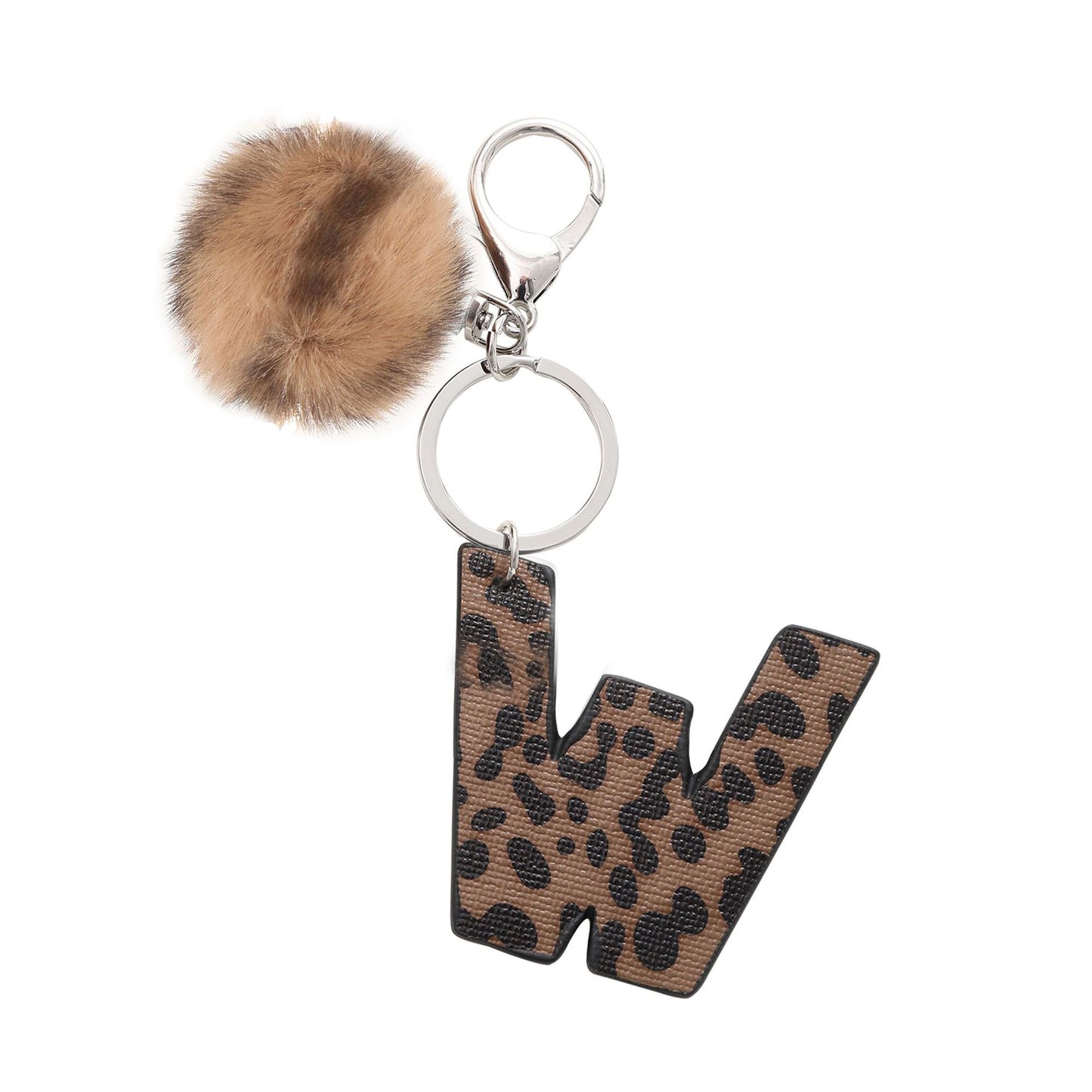 Leopard Print Vegan Leather Letter Keychain with Faux Fur Pom