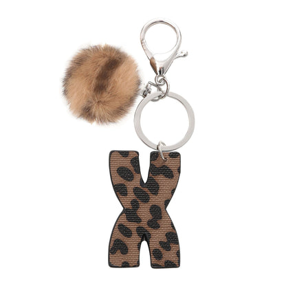 Leopard Print Vegan Leather Letter Keychain with Faux Fur Pom