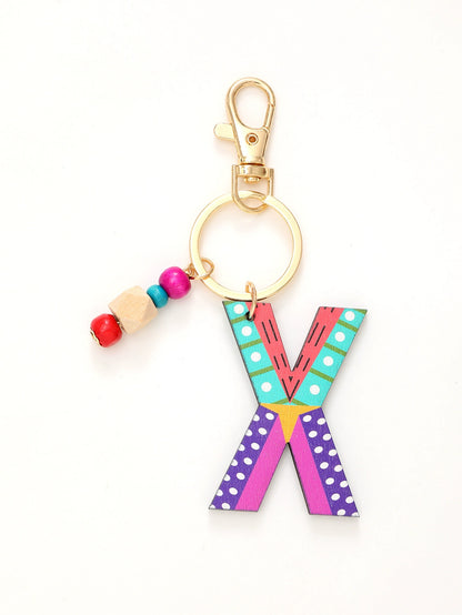 Colorful Wooden Letter Keychain with Beads
