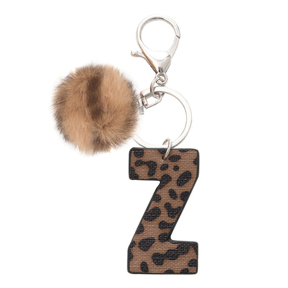 Leopard Print Vegan Leather Letter Keychain with Faux Fur Pom