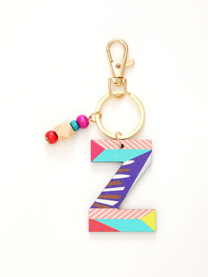 Colorful Wooden Letter Keychain with Beads